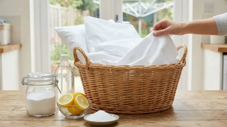 Cesto di vimini con lenzuola bianche accanto a ingredienti naturali per il bucato su un tavolo in cucina.
