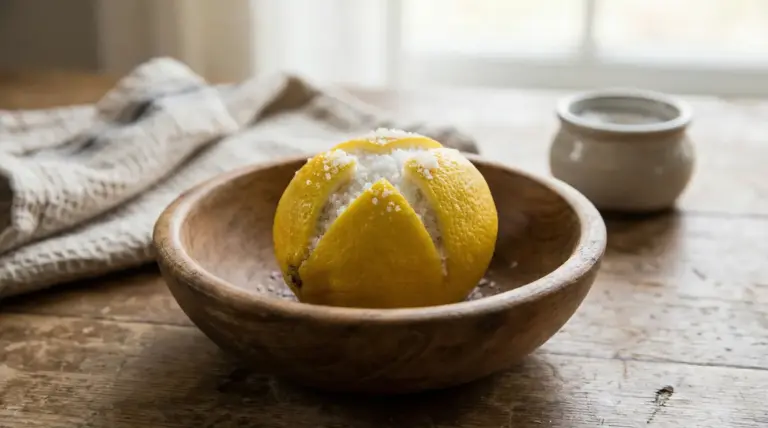 Limone inciso a croce e riempito di sale grosso in una ciotola di legno
