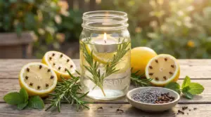 Candela in barattolo con limone, rosmarino e spezie su tavolo all'aperto