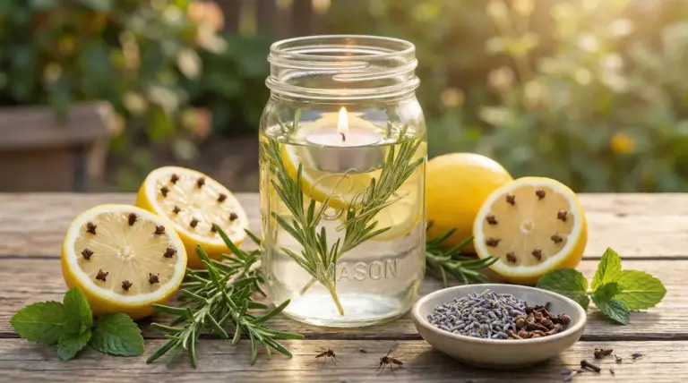 Candela in barattolo con limone, rosmarino e spezie su tavolo all'aperto