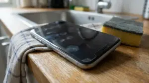Smartphone con impronte digitali visibili sullo schermo poggiato su un piano da cucina
