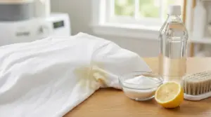 Maglietta bianca con macchia gialla sotto l'ascella accanto a rimedi naturali come limone, bicarbonato e aceto.