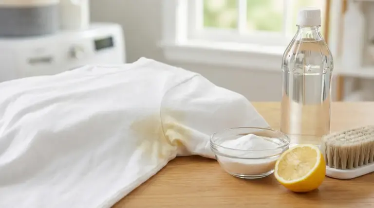 Maglietta bianca con macchia gialla sotto l'ascella accanto a rimedi naturali come limone, bicarbonato e aceto.