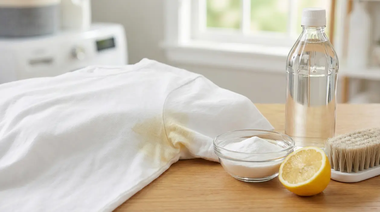 Maglietta bianca con macchia gialla sotto l'ascella accanto a rimedi naturali come limone, bicarbonato e aceto.