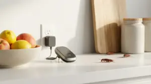 Scarafaggi su un piano cucina vicino a un dispositivo elettronico antinsetti