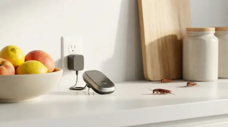 Scarafaggi su un piano cucina vicino a un dispositivo elettronico antinsetti