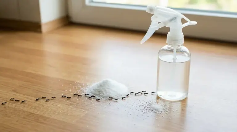 Formiche su un pavimento vicino a un mucchio di sale e un flacone spray con liquido trasparente