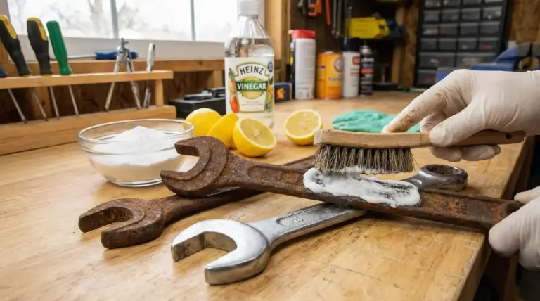 Mano con guanto che pulisce una chiave inglese arrugginita con una spazzola e rimedi naturali