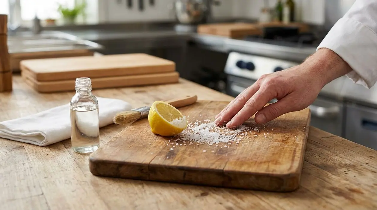 Mano che igienizza un tagliere in legno con sale grosso e limone in una cucina professionale