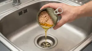 Una mano versa l'olio di una scatoletta di tonno nel lavandino della cucina