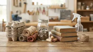 Oggetti riutilizzabili su un tavolo: contenitori per uova, stoffe, bottoni, libri, sugheri e bottiglia spray