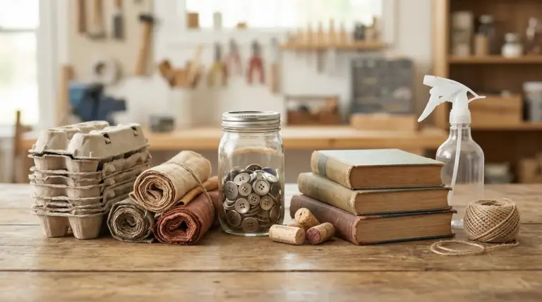 Oggetti riutilizzabili su un tavolo: contenitori per uova, stoffe, bottoni, libri, sugheri e bottiglia spray