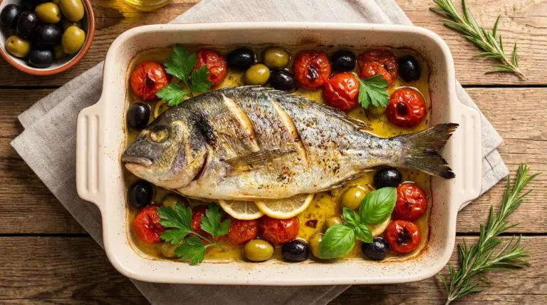 Orata al forno con pomodorini, olive nere e verdi in teglia di ceramica su tavolo rustico