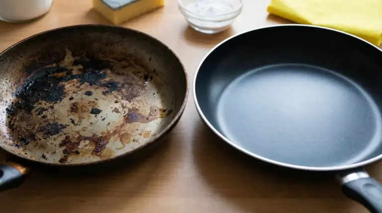 Padella antiaderente bruciata accanto a una padella pulita su un piano da cucina