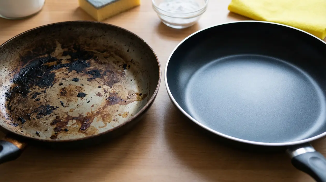 Padella antiaderente bruciata accanto a una padella pulita su un piano da cucina