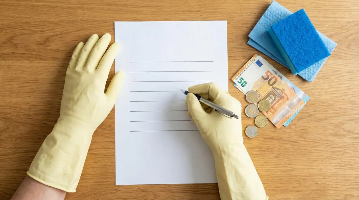 Persona con guanti di gomma scrive su un foglio accanto a soldi e spugne per le pulizie
