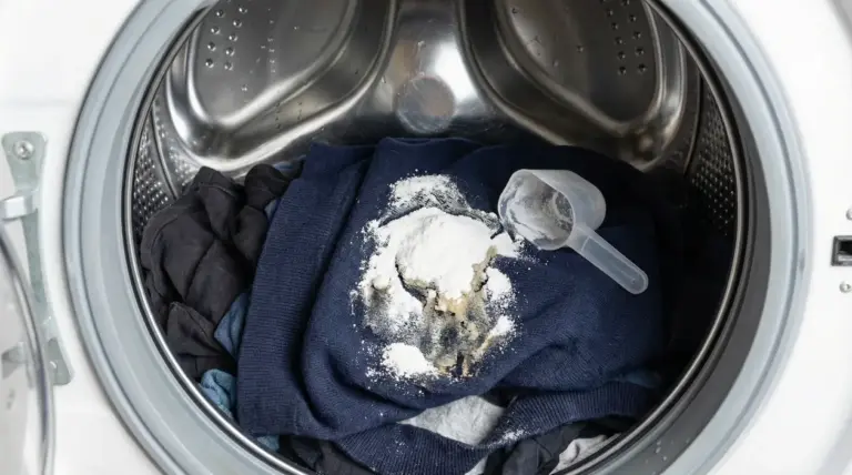Vestiti scuri in lavatrice con detersivo in polvere versato direttamente sui tessuti
