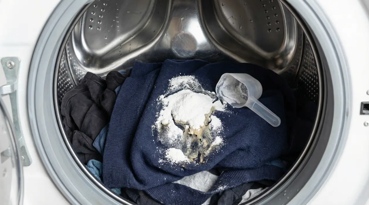 Vestiti scuri in lavatrice con detersivo in polvere versato direttamente sui tessuti