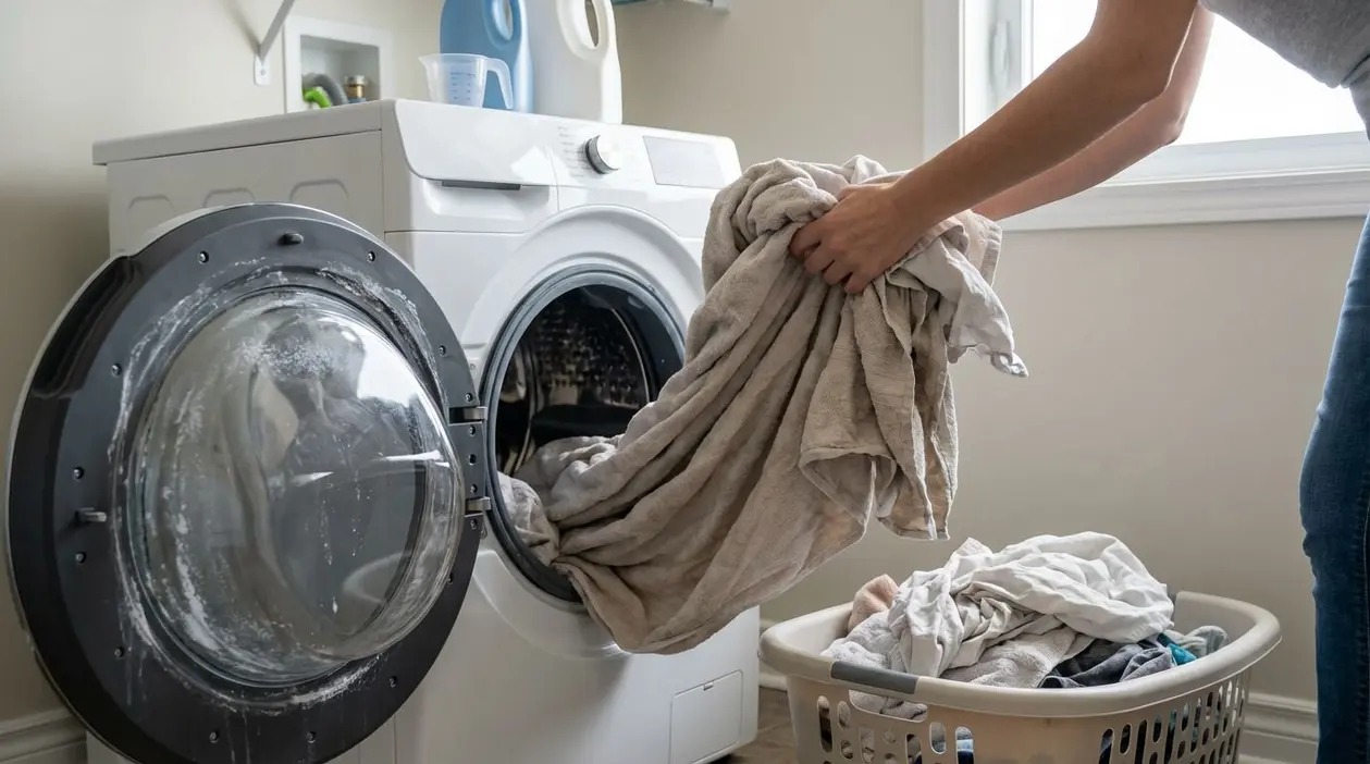 Una persona estrae asciugamani da una lavatrice con sportello aperto