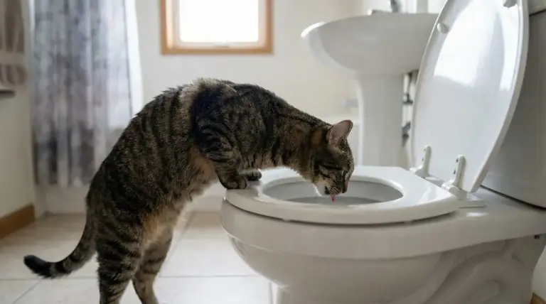 Gatto tigrato che beve dall'acqua del water in un bagno domestico
