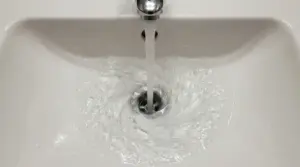 Acqua che scorre nel lavandino formando un vortice in senso orario