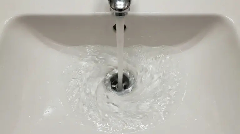 Acqua che scorre nel lavandino formando un vortice in senso orario