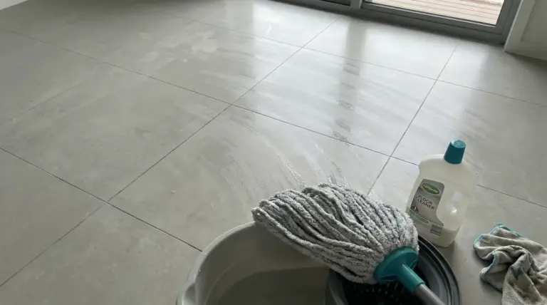 Pavimento lavato con aloni visibili accanto a uno straccio, un secchio e un detergente