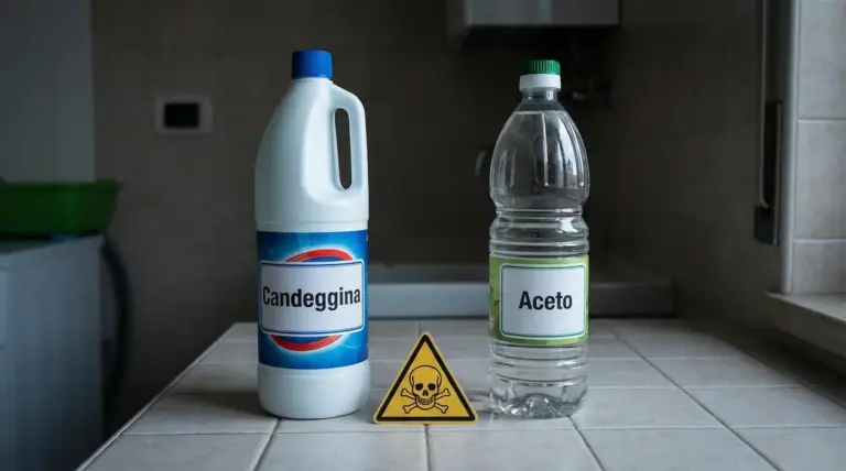 Bottiglie di candeggina e aceto su un piano cucina con simbolo di pericolo