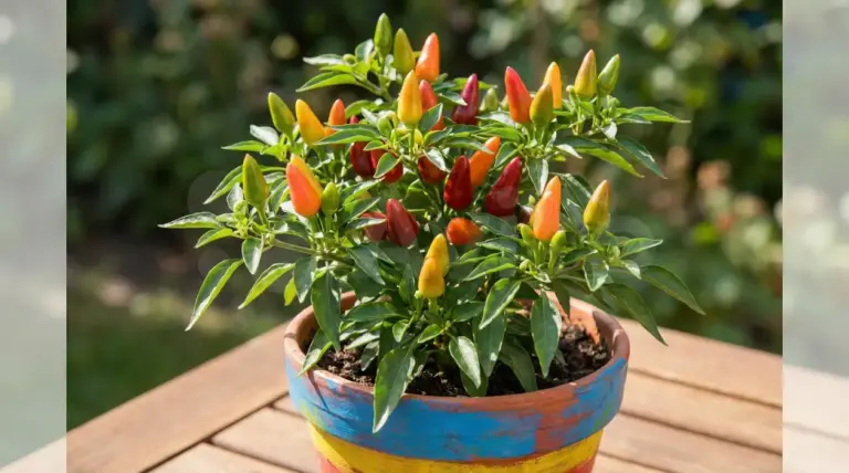 Pianta ornamentale di peperoncini colorati in un vaso dipinto su un tavolo da giardino