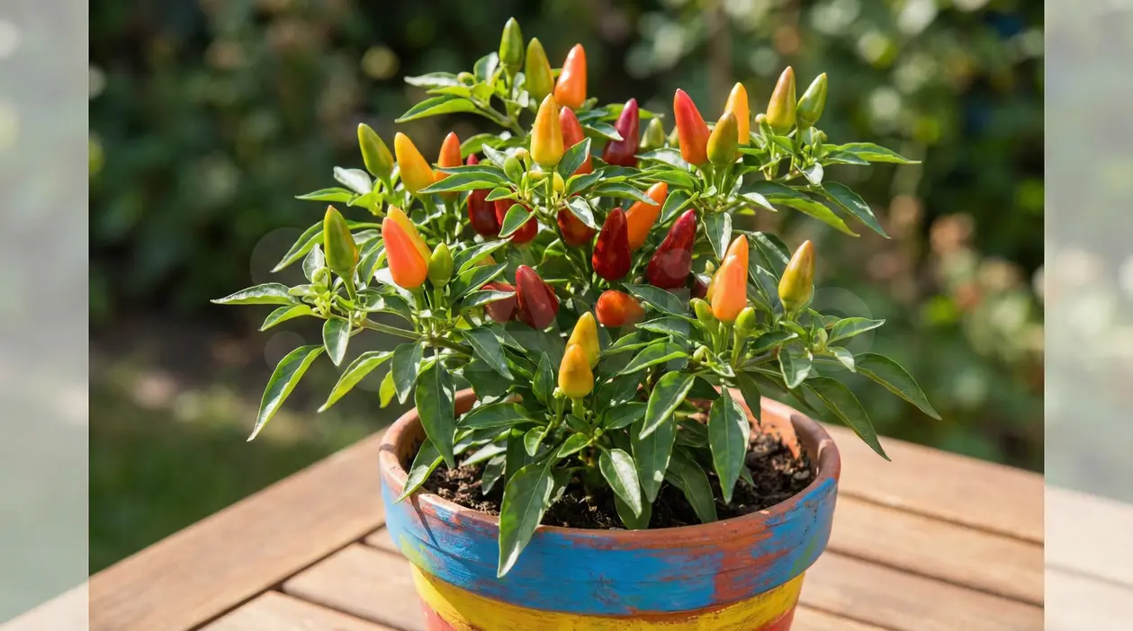 Pianta ornamentale di peperoncini colorati in un vaso dipinto su un tavolo da giardino