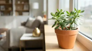 Pianta di giada in vaso di terracotta posizionata su un davanzale soleggiato in un soggiorno