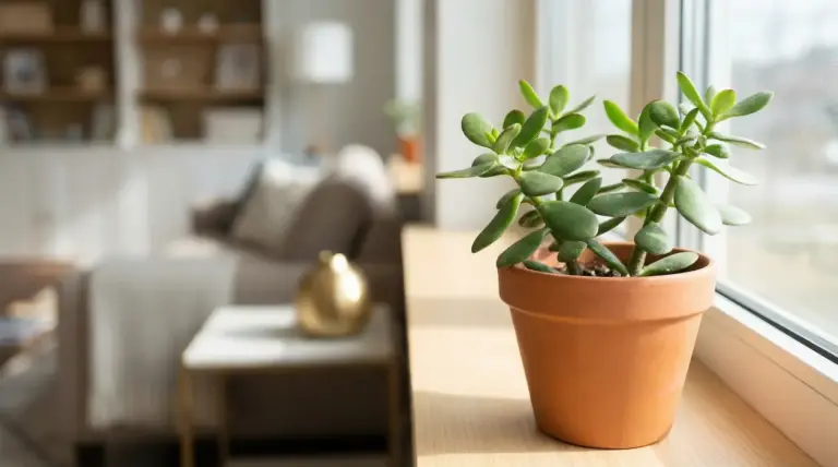 Pianta di giada in vaso di terracotta posizionata su un davanzale soleggiato in un soggiorno