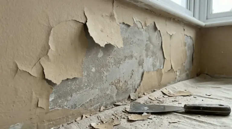 Muro con pittura scrostata e spatola su telo protettivo