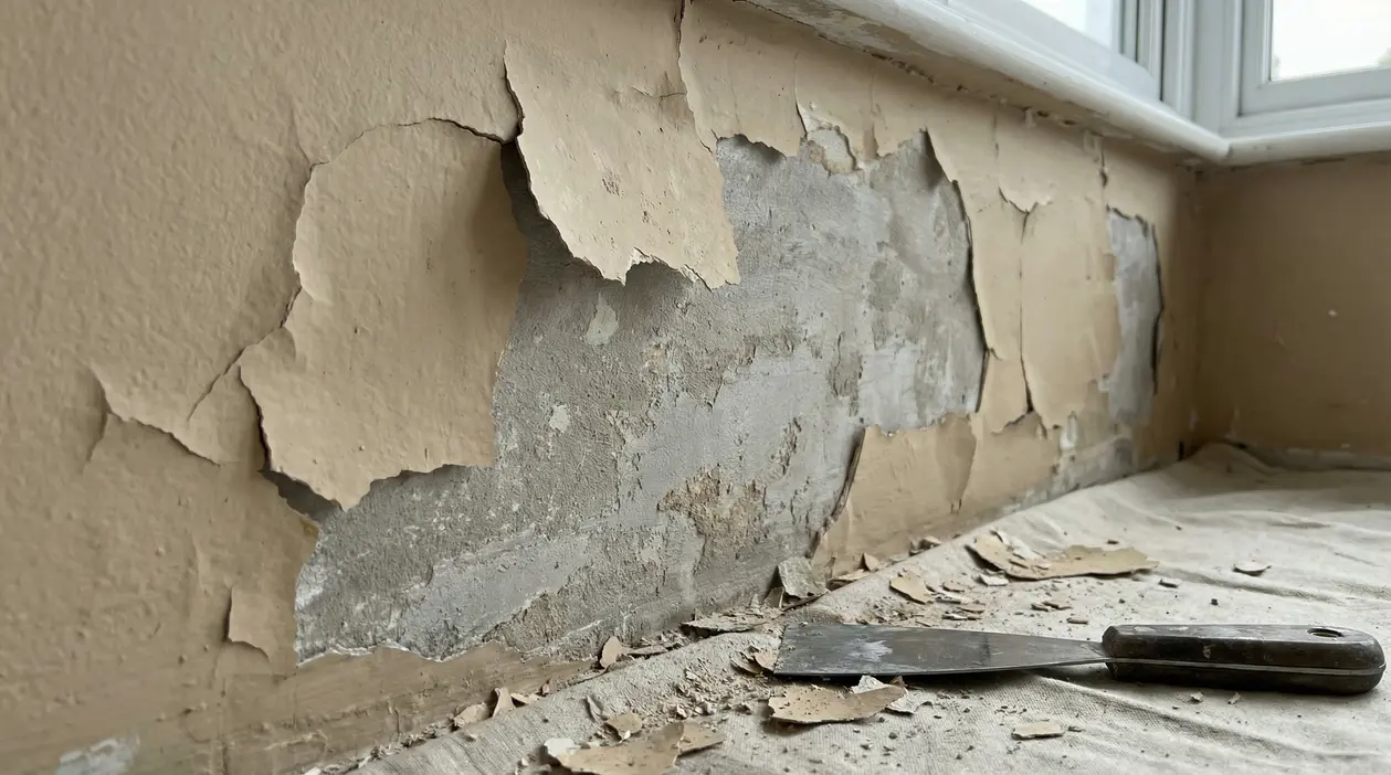 Muro con pittura scrostata e spatola su telo protettivo