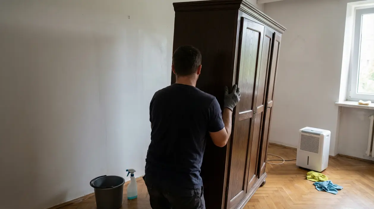 Persona che sposta un armadio in legno lontano dal muro in una stanza luminosa