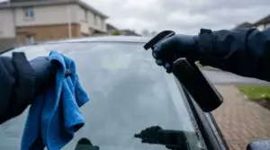 Una persona pulisce il parabrezza dell'auto con un panno e uno spray