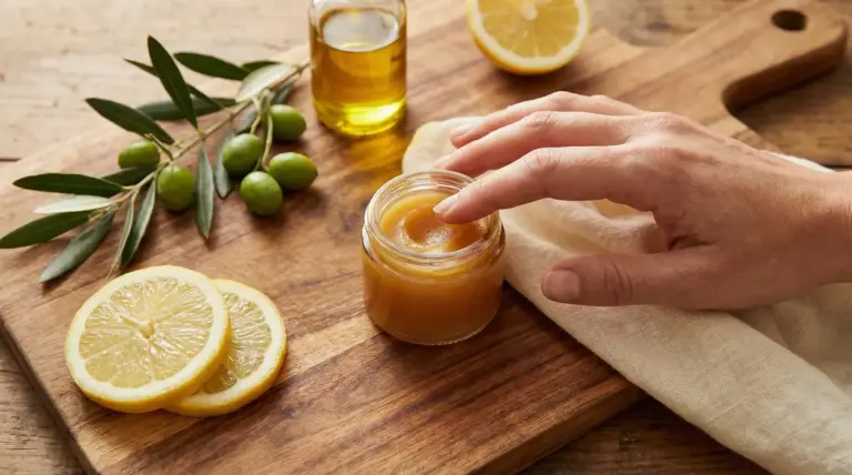 Una mano preleva un prodotto naturale da un barattolo su un tagliere con limone, olio e olive