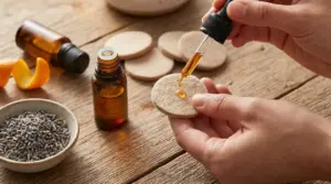 Mani che applicano olio essenziale su un feltrino rotondo con contagocce