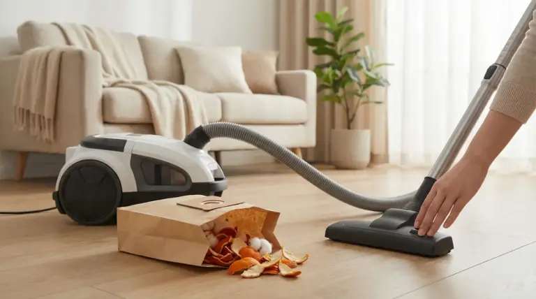 Mano accende aspirapolvere vicino a sacchetto con bucce di agrumi su pavimento in legno