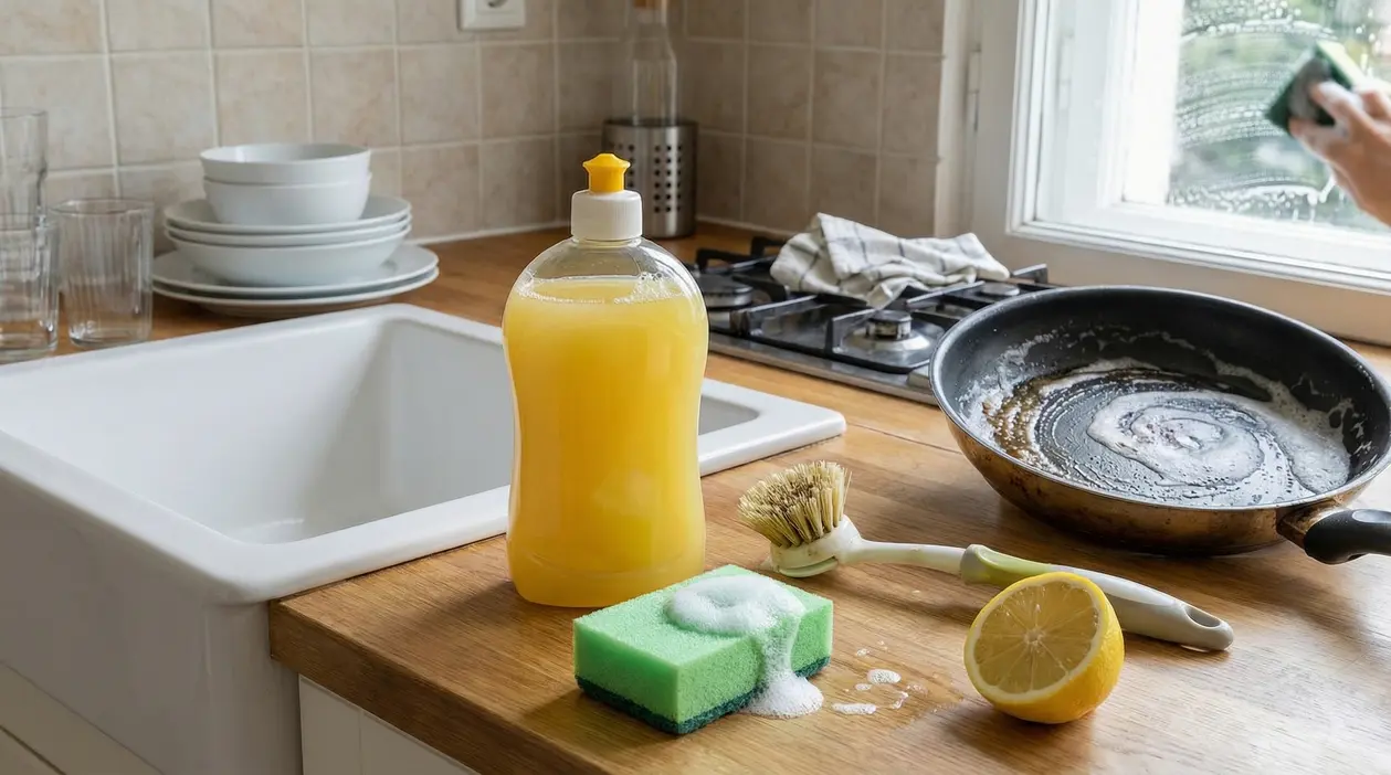 Detersivo per piatti con spugna, limone e padella sporca su un piano cucina