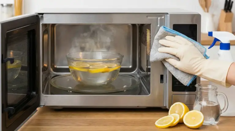 Pulizia di un microonde con ciotola di acqua e limone al suo interno