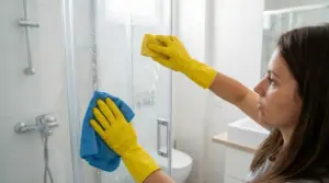 Persona che pulisce una cabina doccia in plastica con guanti gialli e panno