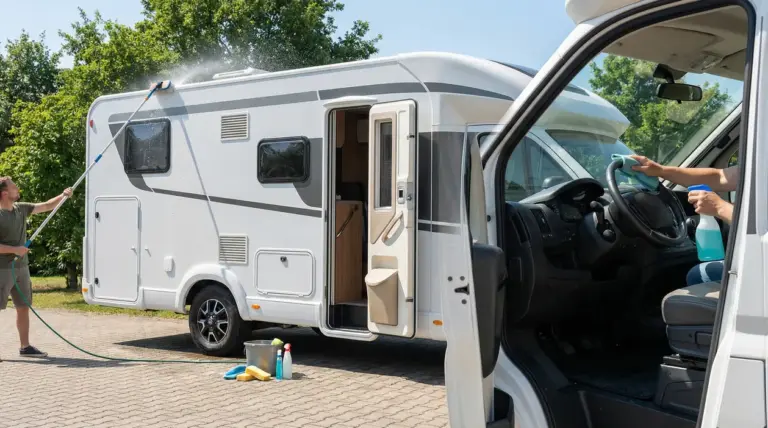 Due persone puliscono un camper, una all'esterno con una lancia e una all'interno con uno spray