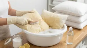 Persona lava un cuscino ingiallito con spazzola e detergente naturale in una bacinella