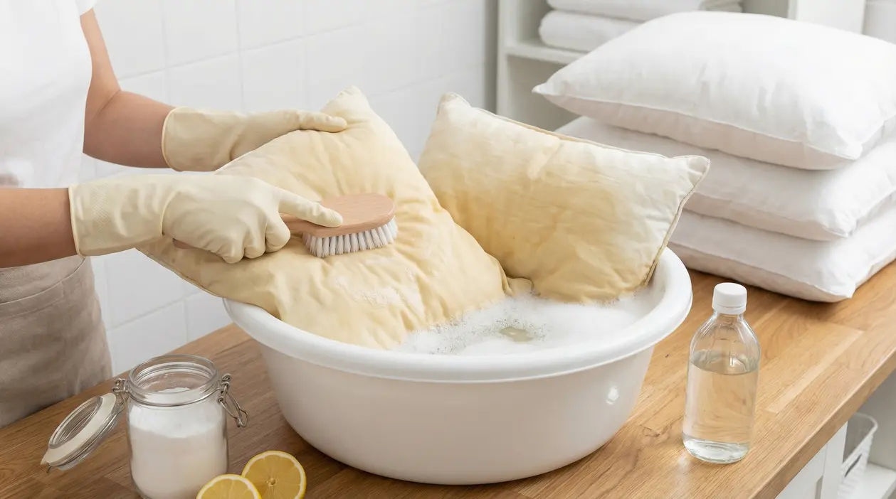Persona lava un cuscino ingiallito con spazzola e detergente naturale in una bacinella