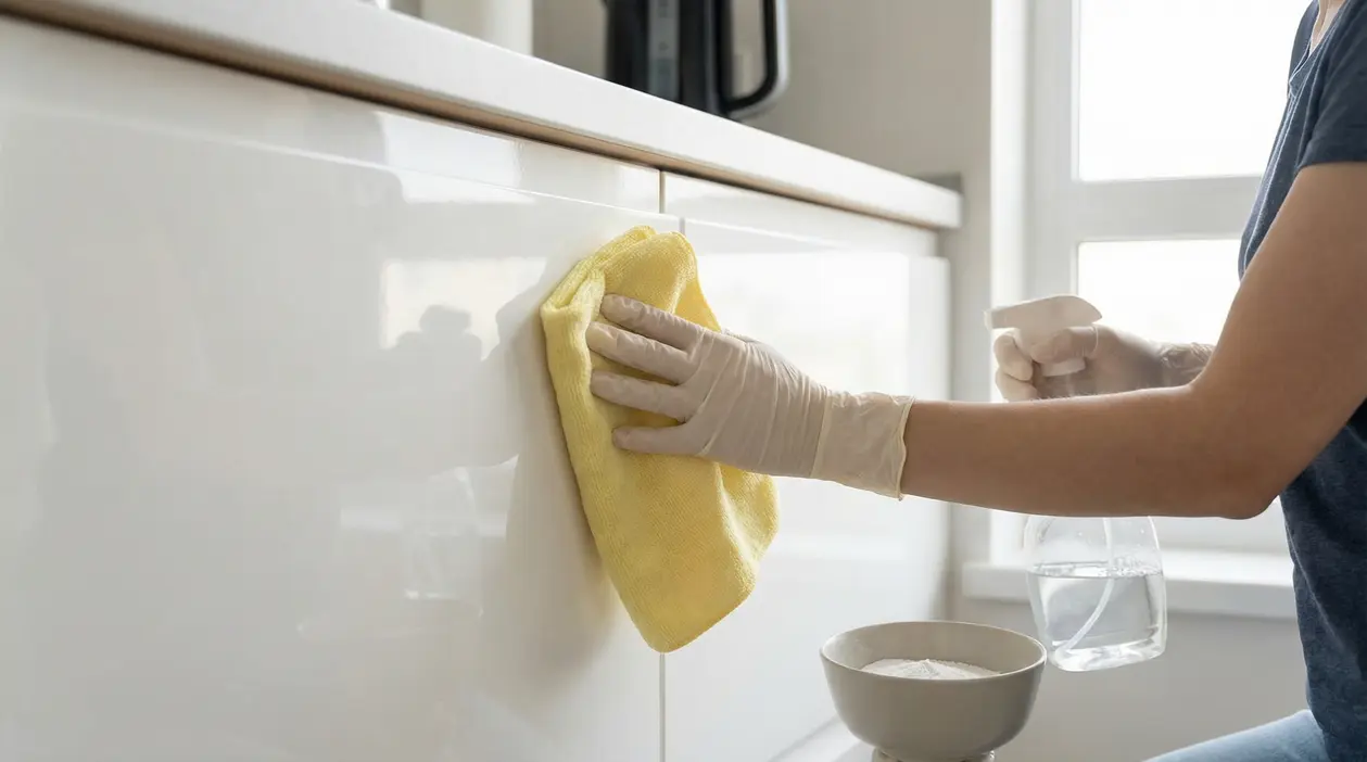 Persona che pulisce un mobile laccato con un panno giallo e spray trasparente