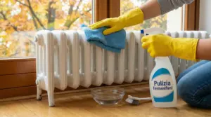 Persona che pulisce un termosifone bianco con un panno e spray detergente