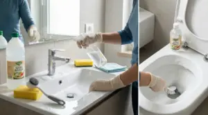 Persona che pulisce il bagno con aceto bianco, lavandino e WC in vista