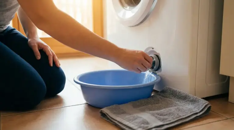 Persona che svuota il filtro della lavatrice in una bacinella per evitare perdite d'acqua
