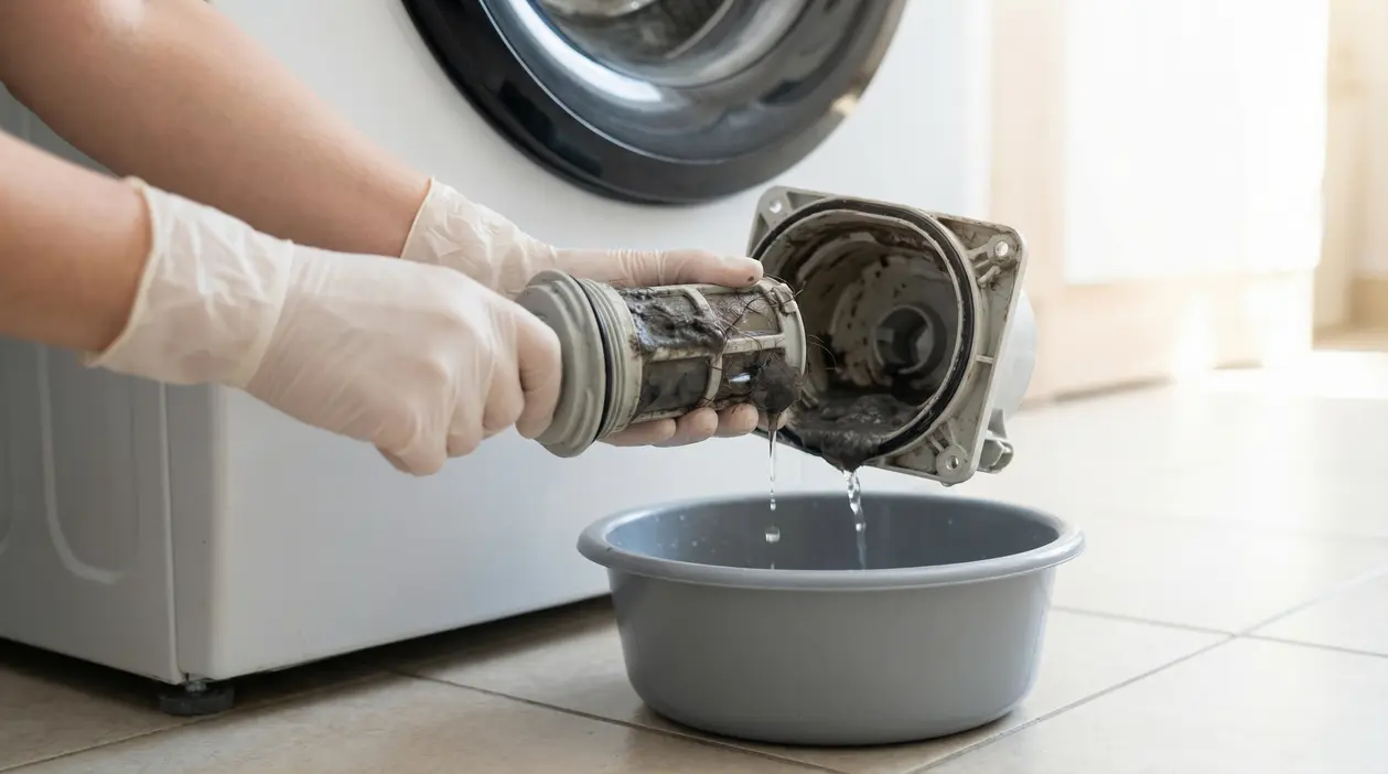 Una persona pulisce il filtro sporco di una lavatrice sopra una bacinella